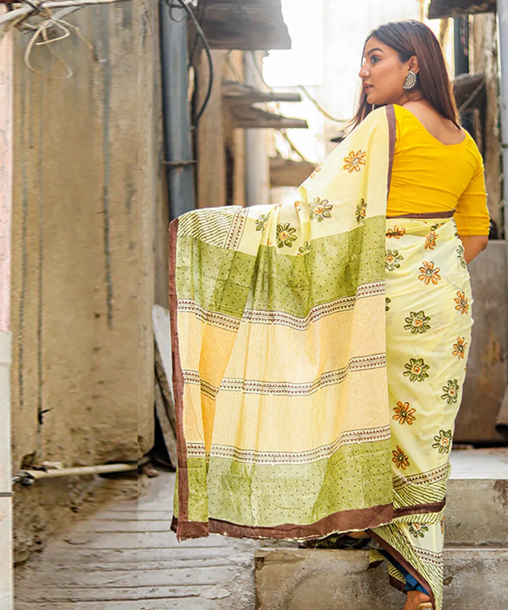 Lime green olive green cotton hand block sanganeri printed saree