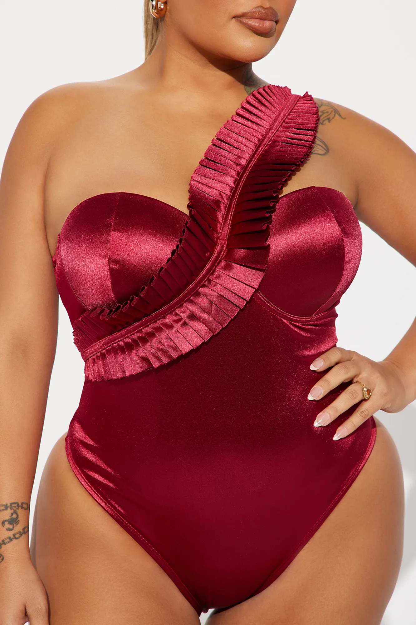 Maribela One Shoulder Ruffle 1 Piece Swimsuit - Burgundy