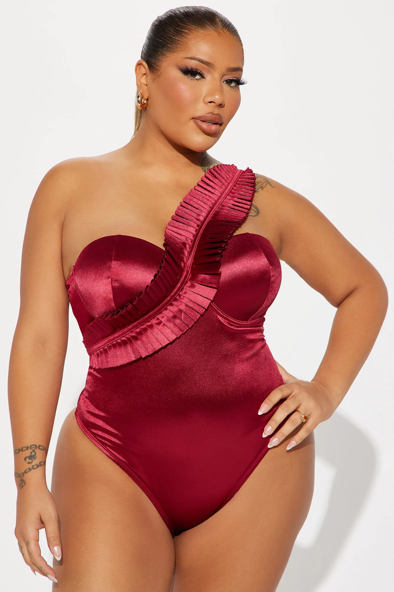 Maribela One Shoulder Ruffle 1 Piece Swimsuit - Burgundy