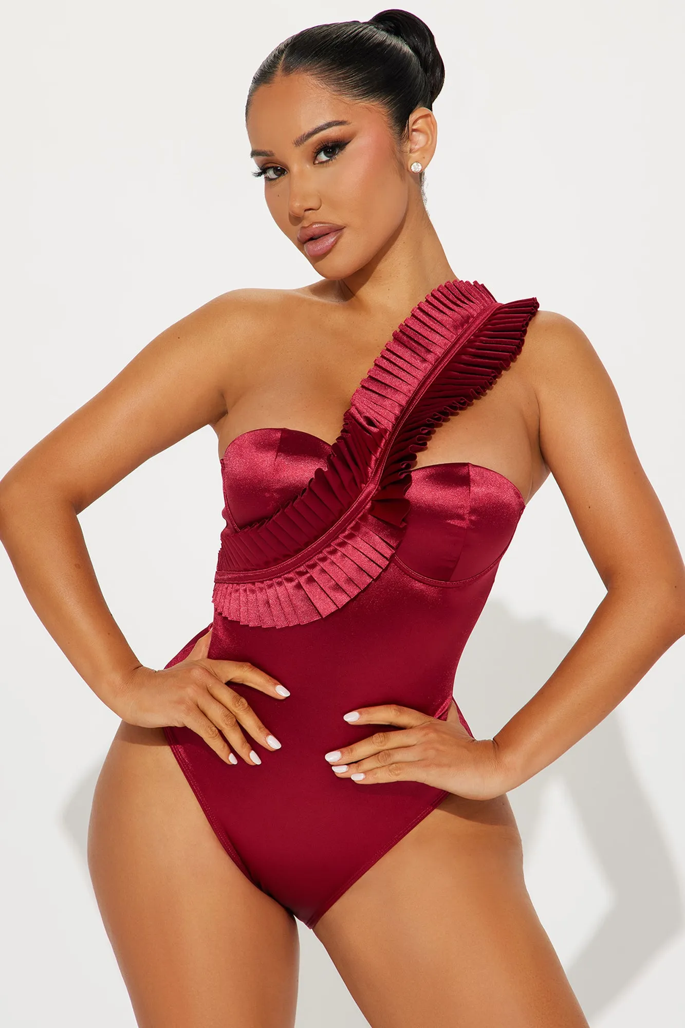 Maribela One Shoulder Ruffle 1 Piece Swimsuit - Burgundy