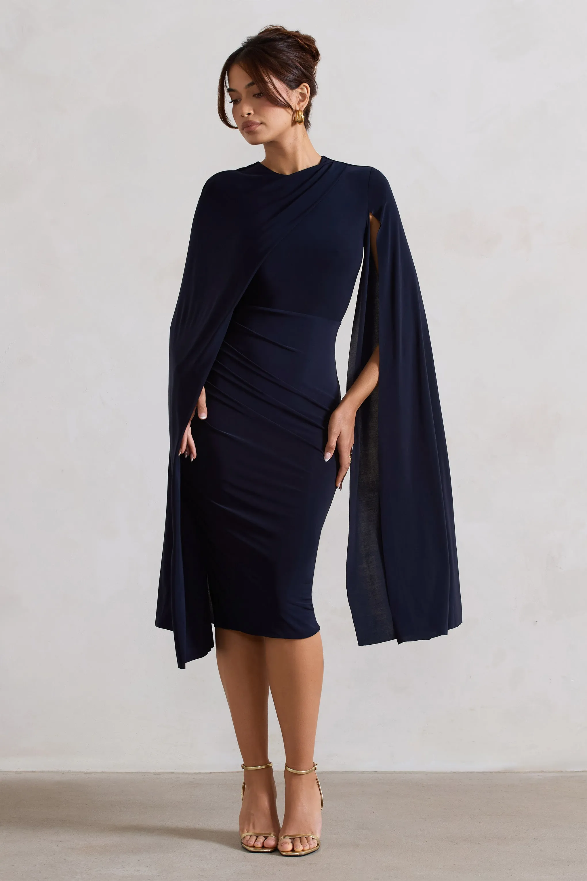 Marysol | Navy Asymmetric Cape Midi Dress