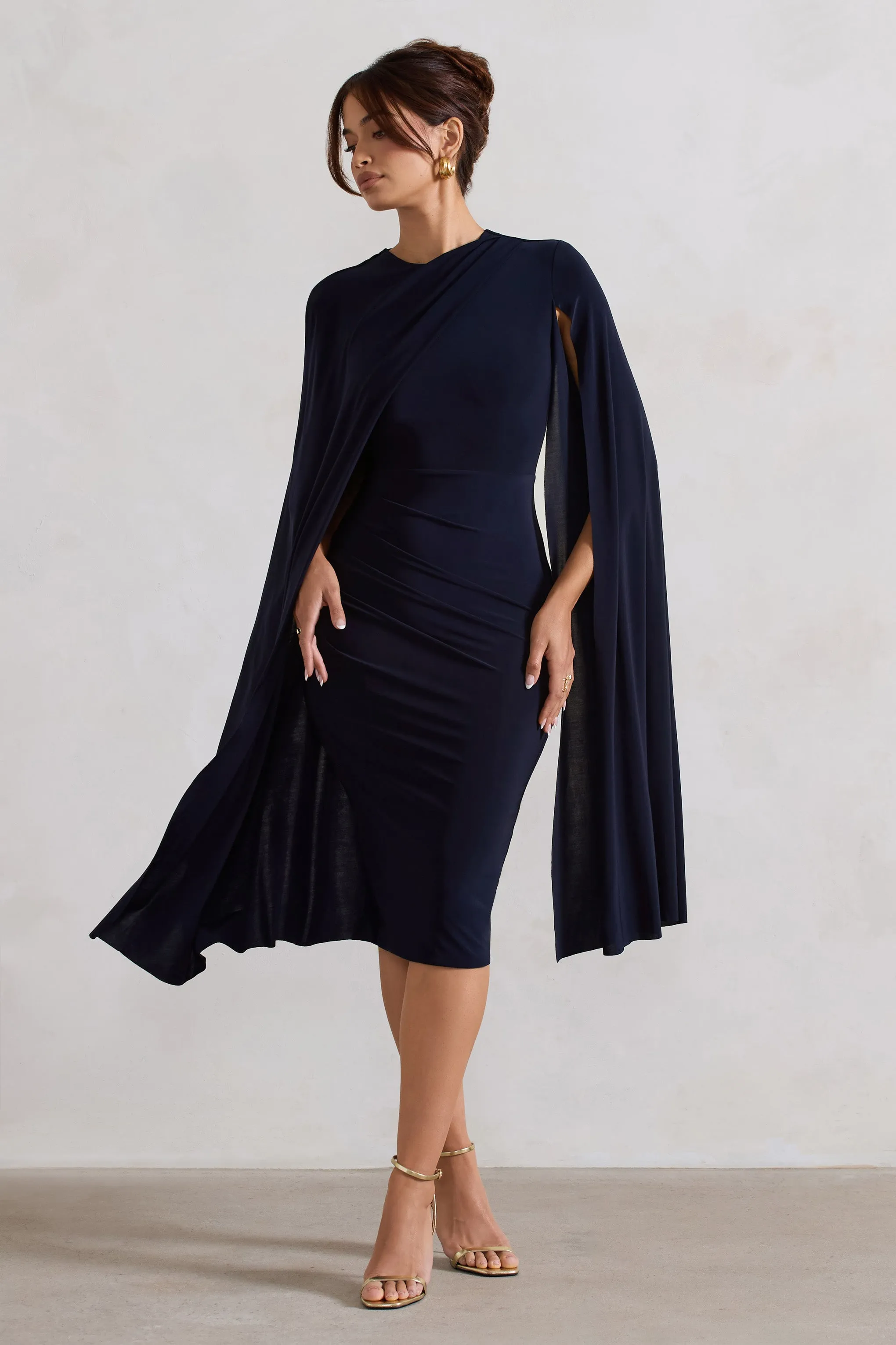 Marysol | Navy Asymmetric Cape Midi Dress