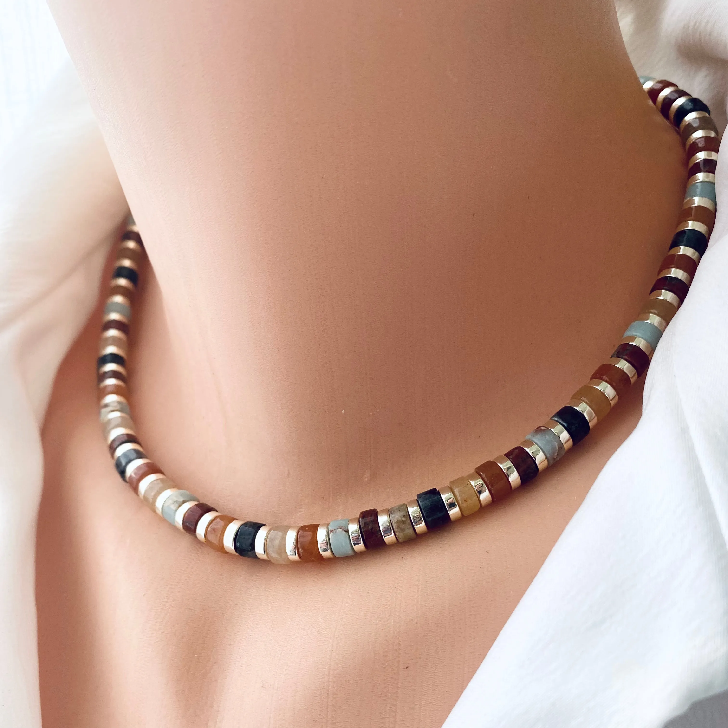 Multi Color Gemstones Choker Necklaces with Gold Coated Hematite Tire Beads,16in