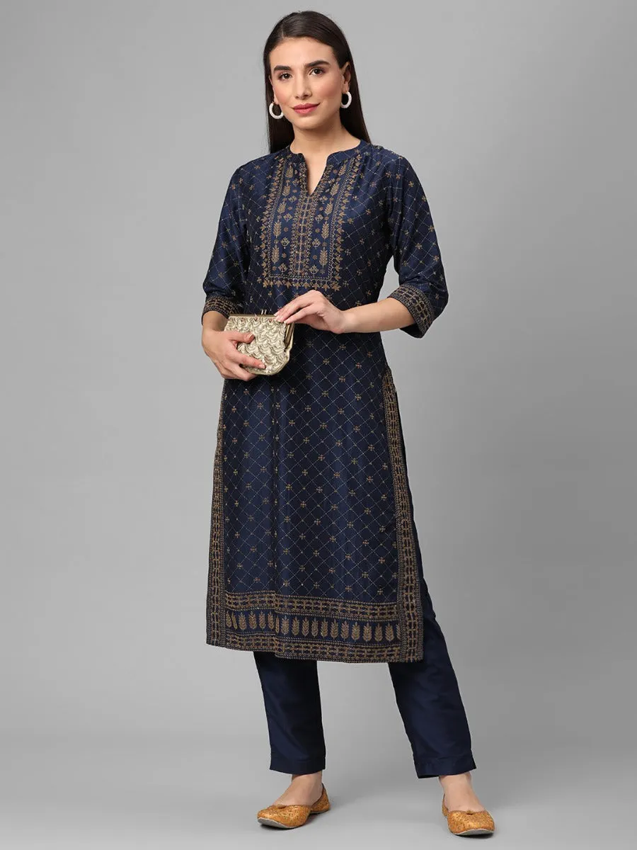 Navy Blue Ornamental Printed Kurta Trouser Dupatta