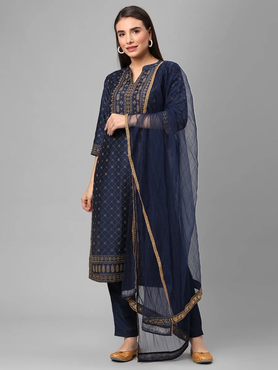 Navy Blue Ornamental Printed Kurta Trouser Dupatta