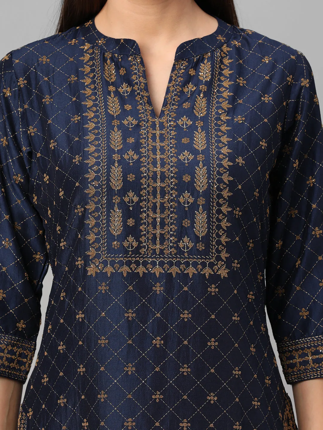 Navy Blue Ornamental Printed Kurta Trouser Dupatta