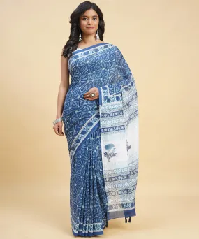 Navy blue sky blue hand block sanganeri cotton printed saree