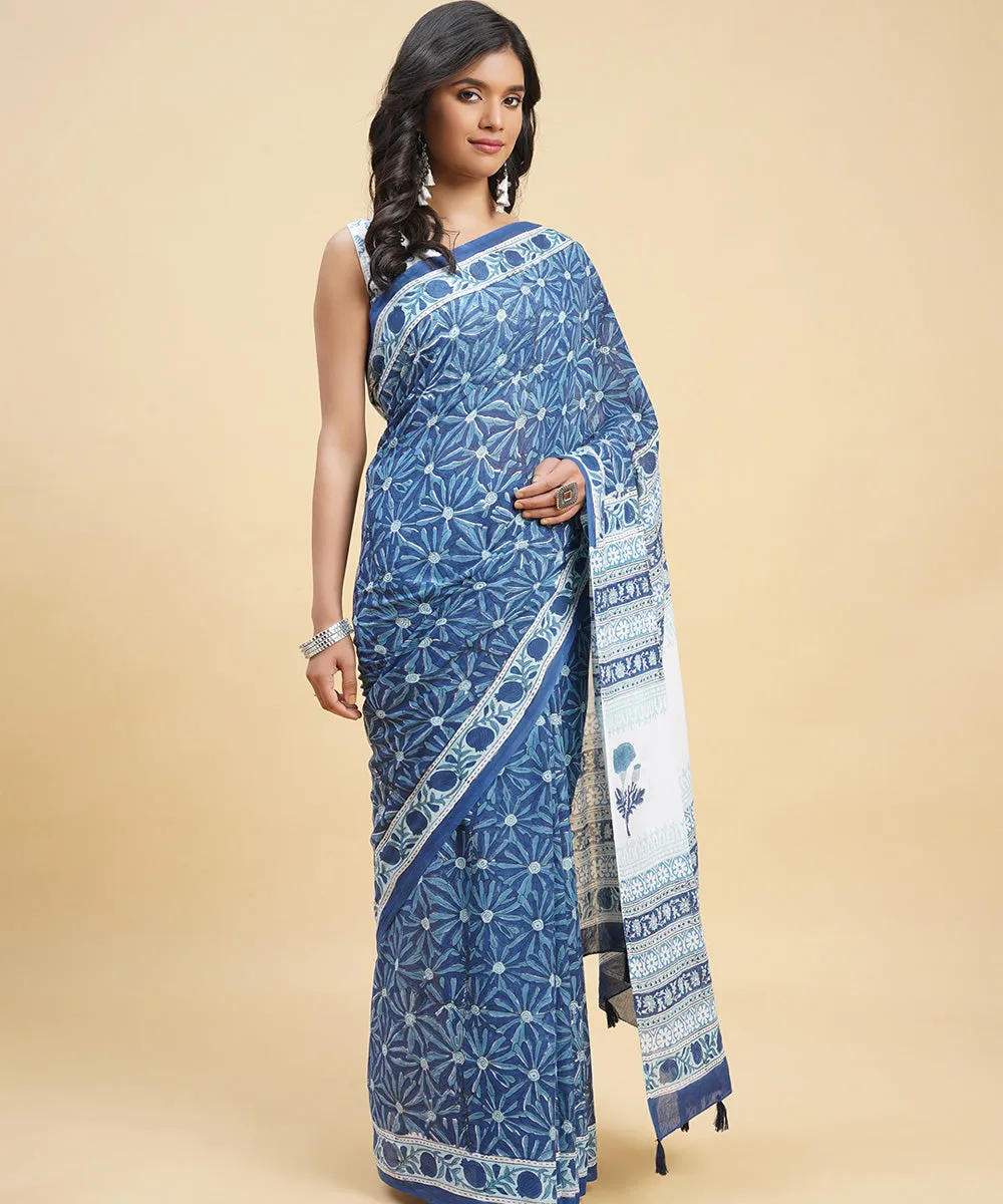 Navy blue sky blue hand block sanganeri cotton printed saree