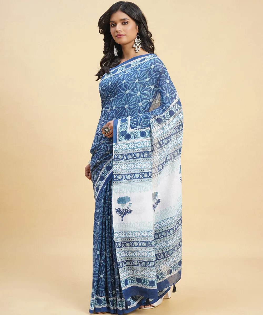 Navy blue sky blue hand block sanganeri cotton printed saree