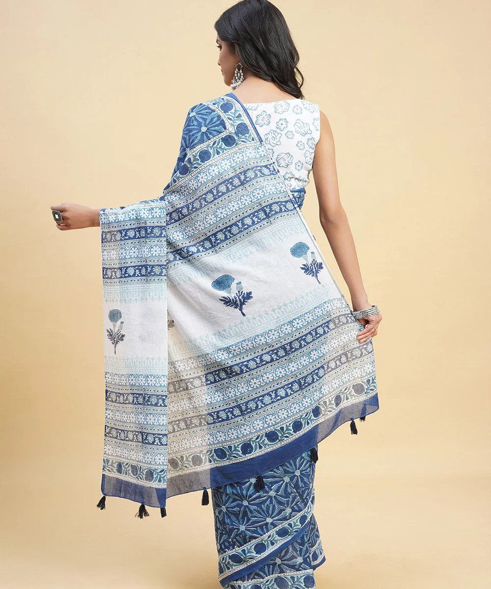 Navy blue sky blue hand block sanganeri cotton printed saree