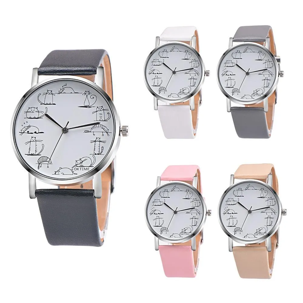 New Lovely Cartoon Cat Leather Quartz Analog Wristwatch