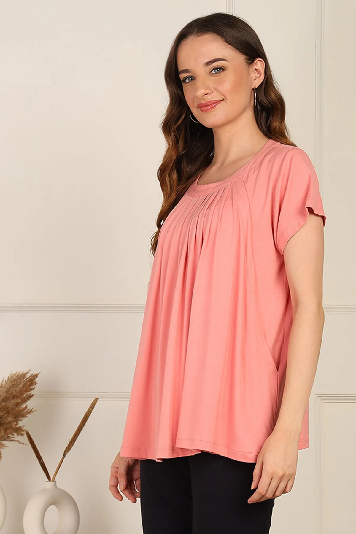 Peach Pleated Zipless Nursing Top