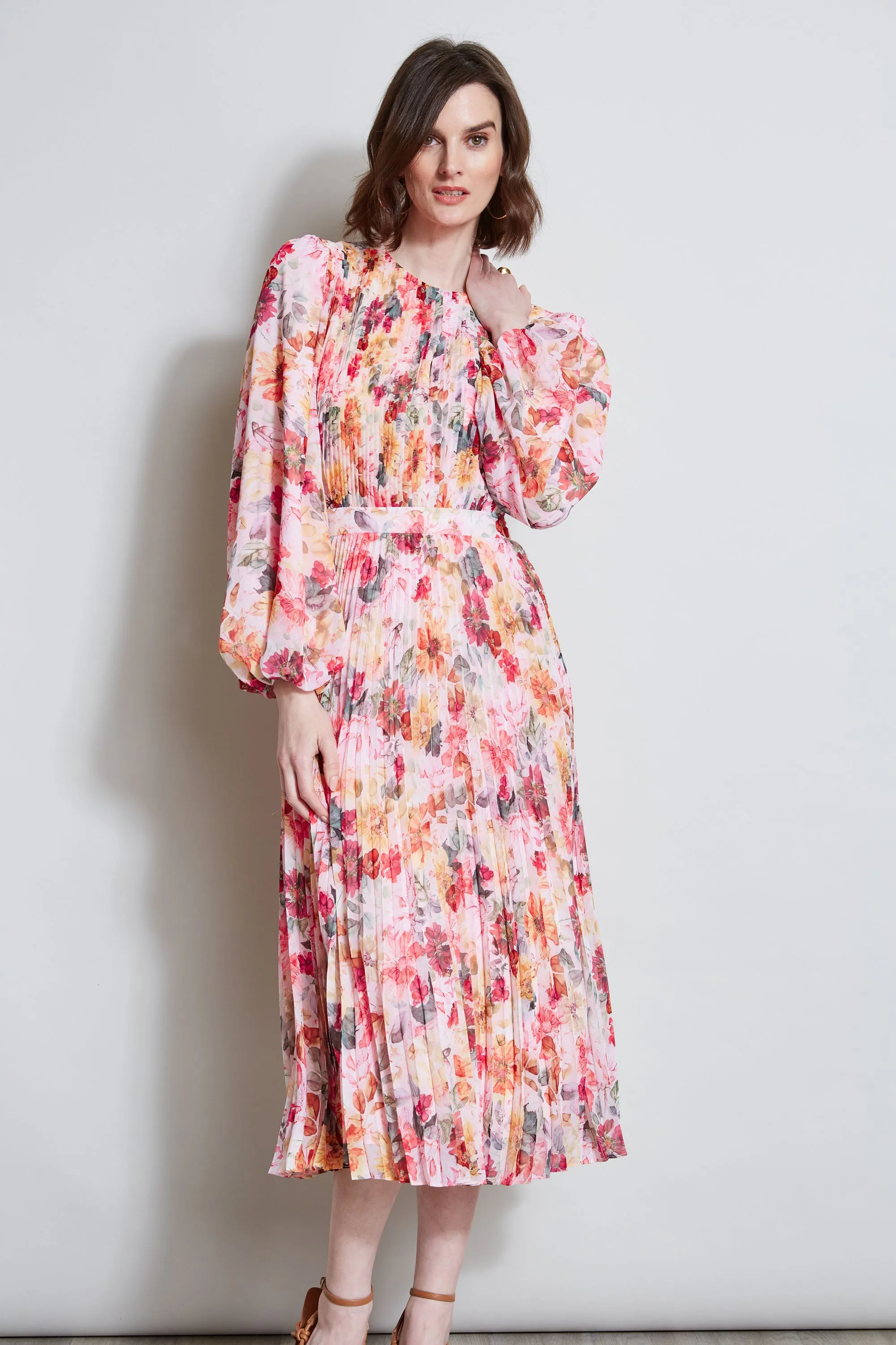 Pleated Floral Midi Dress