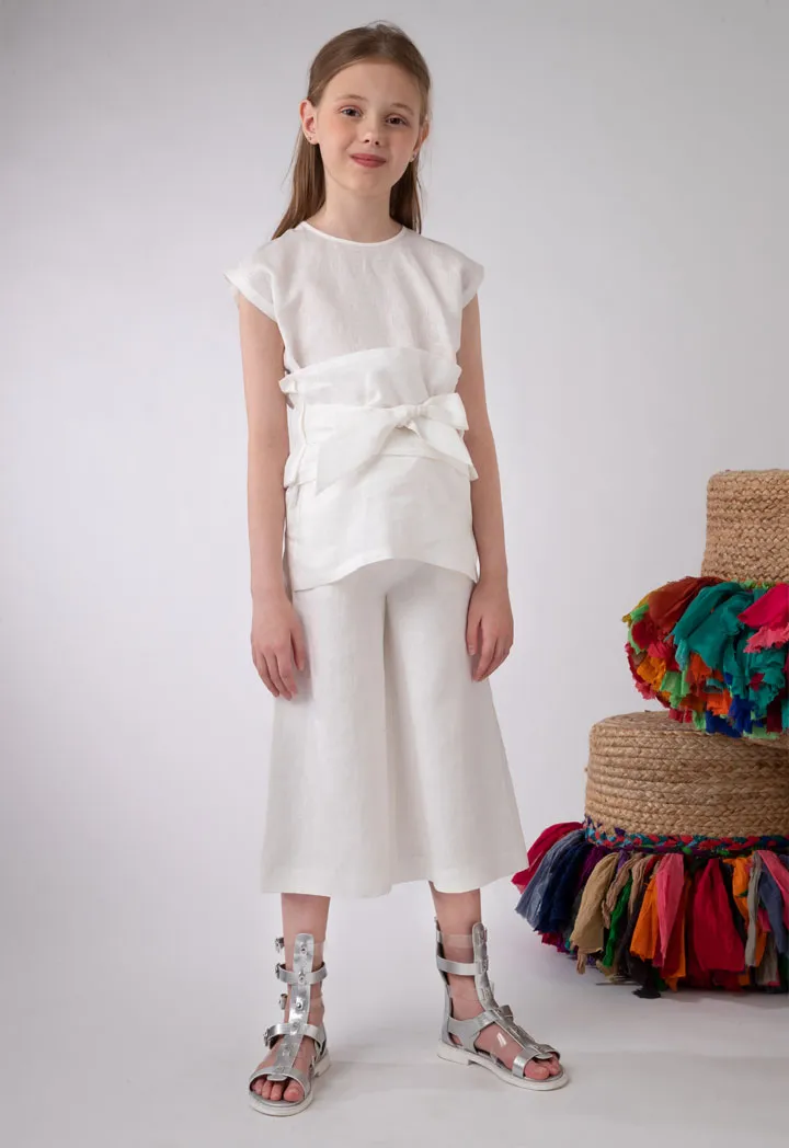 Pleated Waist Linen Solid T-Shirt