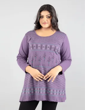 Plus Size Printed Long Tops For Women Full Sleeves T-shirts - Lavender