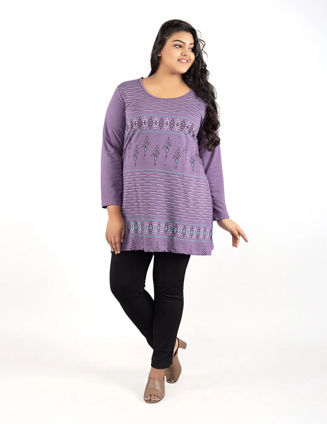 Plus Size Printed Long Tops For Women Full Sleeves T-shirts - Lavender