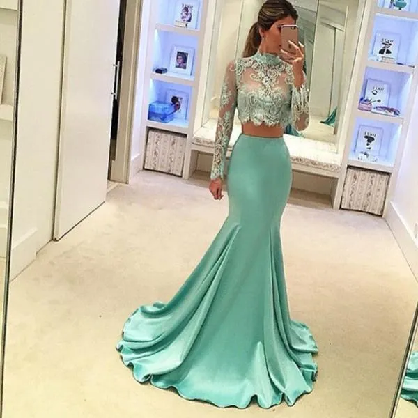 Pretty Two Pieces High Neck Long Sleeve Lace Prom Dress Sexy Mermaid Prom Dresses