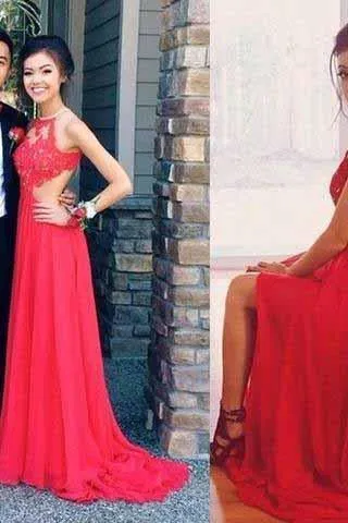 Red Backless Sexy Lace Unique Halter A-Line Slit Criss Cross Sleeveless Prom Dresses