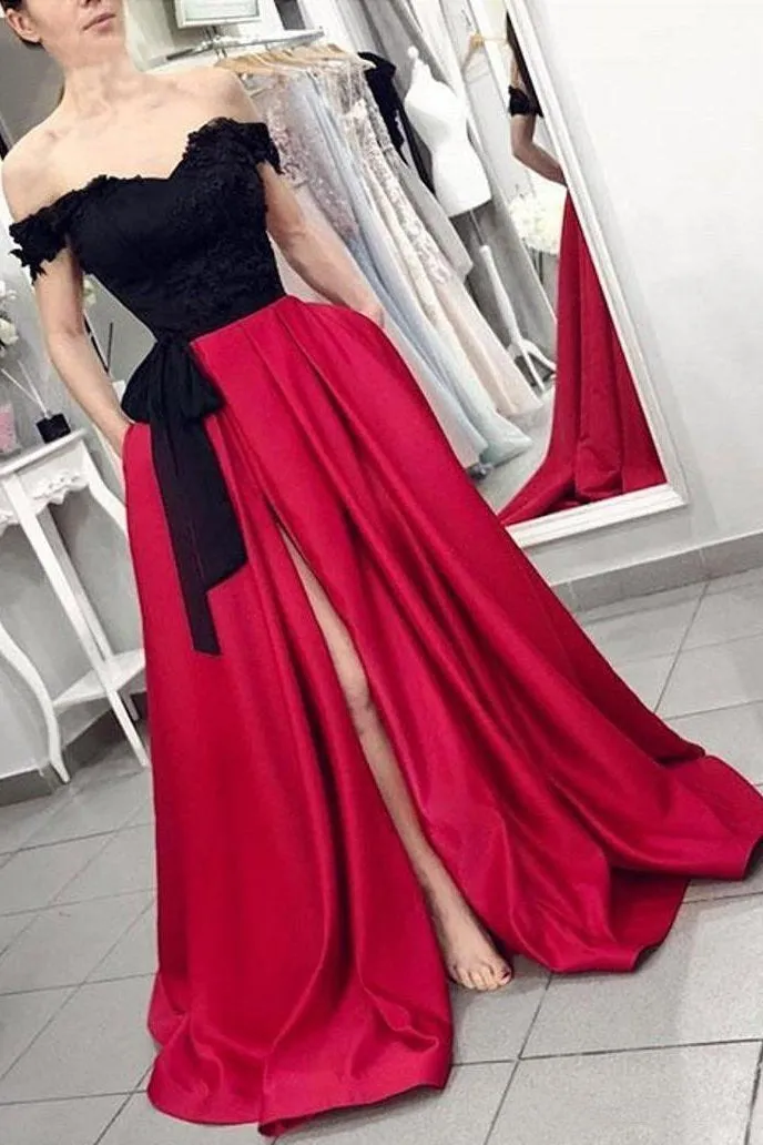 Red Off the Shoulder Satin Black Appliques V Neck Prom Dresses with Split Pockets