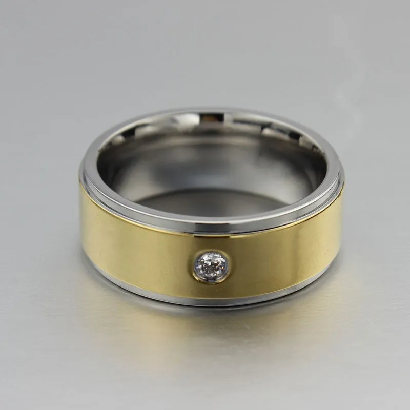 Round Cut Gold and Silver Titanium Steel Men's Wedding Band