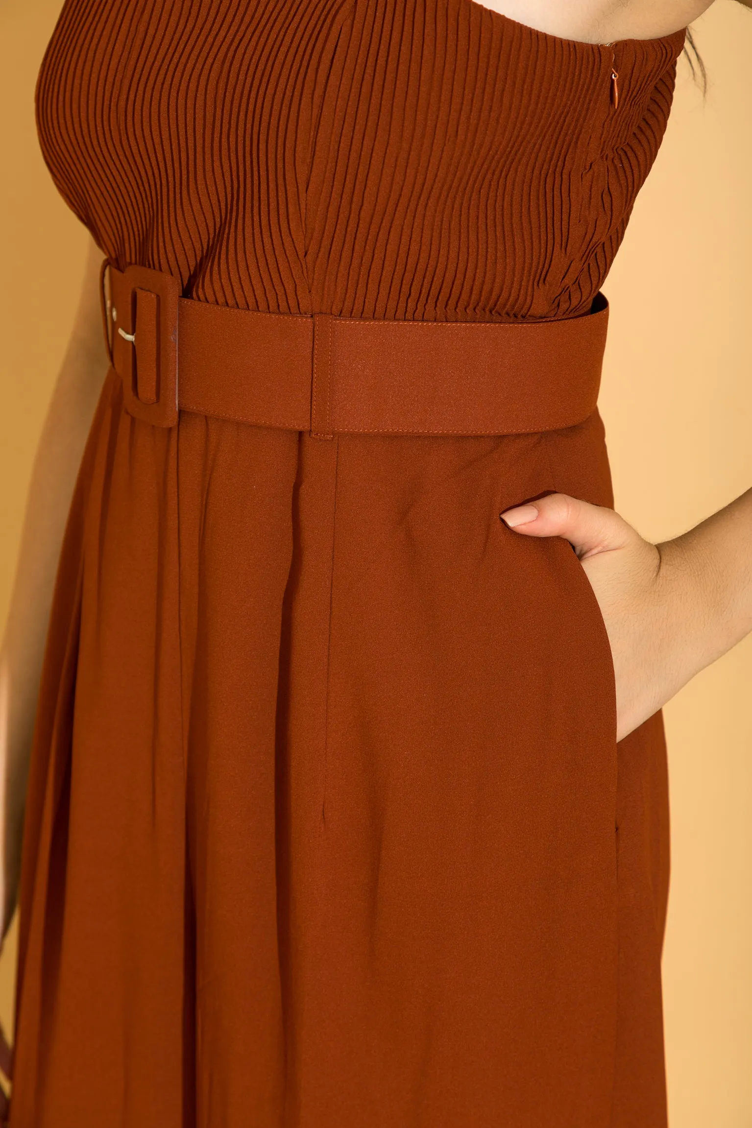 Rust Micro-Pleated Jumpsuit