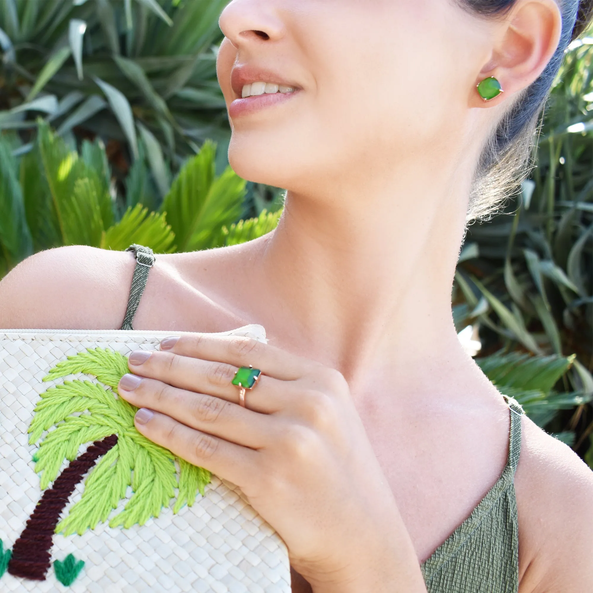 Set: Green Obsidian Ring and Earrings Rose Gold Plated Silver