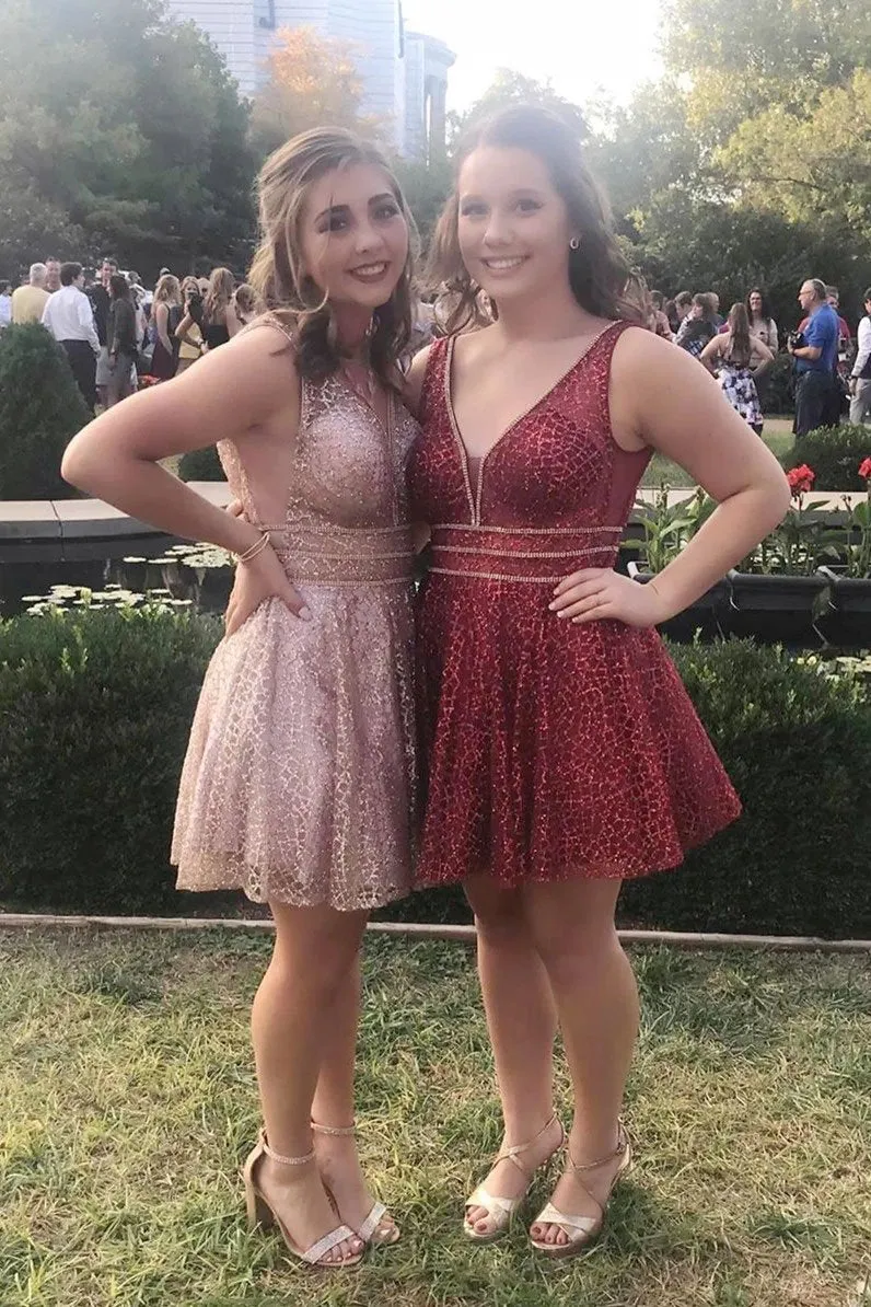 Sexy V Neck Sequins Straps Above Knee Homecoming Dresses Short Prom Dresses