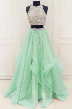 Stunning Sequins And Beaded Top Organza Ruffles Two Piece Prom Dress Prom Dresses