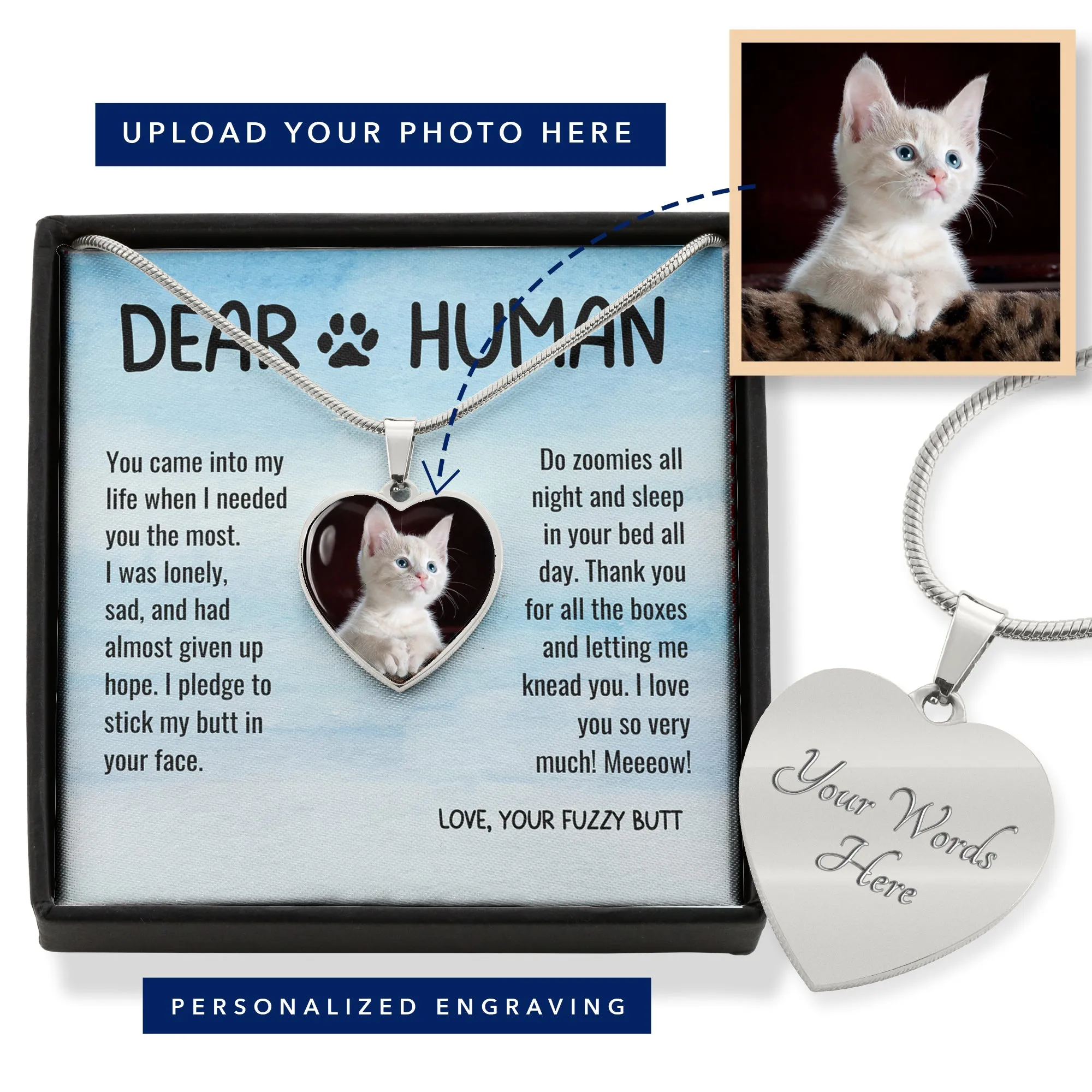 Thank You Dear Human Gratitude from Rescue Cat Adoption Custom Photo Heart Necklace