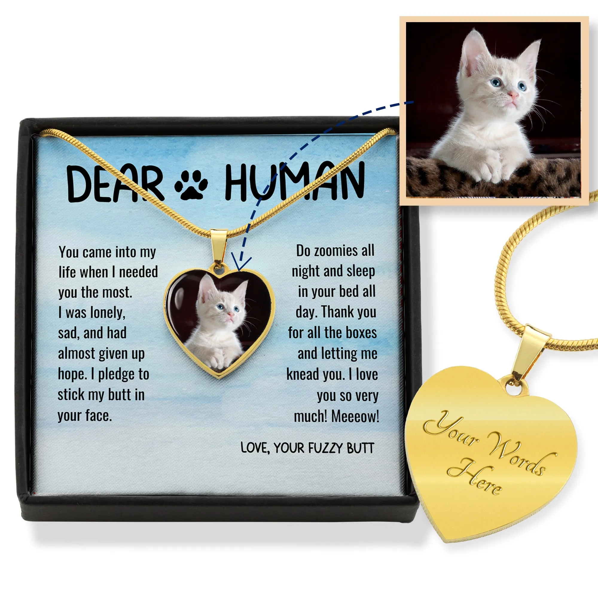 Thank You Dear Human Gratitude from Rescue Cat Adoption Custom Photo Heart Necklace