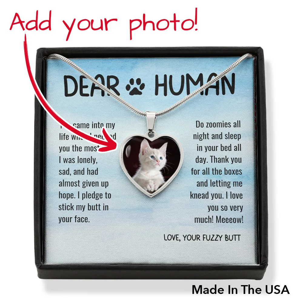 Thank You Dear Human Gratitude from Rescue Cat Adoption Custom Photo Heart Necklace