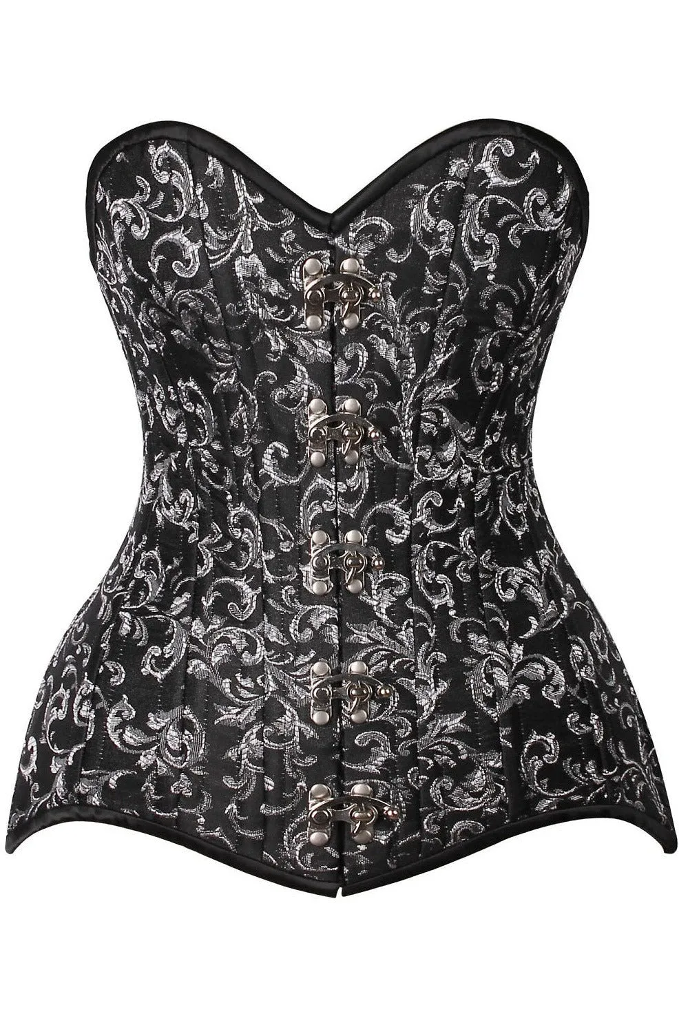 Top Drawer CURVY Black/Silver Brocade Double Steel Boned Overbust Corset