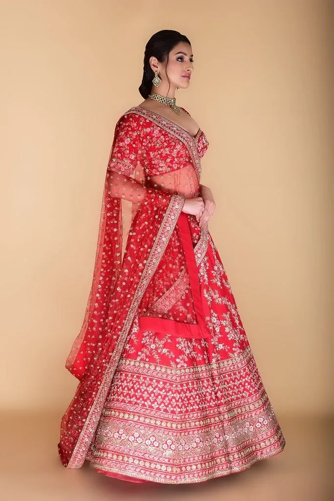 Vermilion Red Embroidered Lehenga Set.