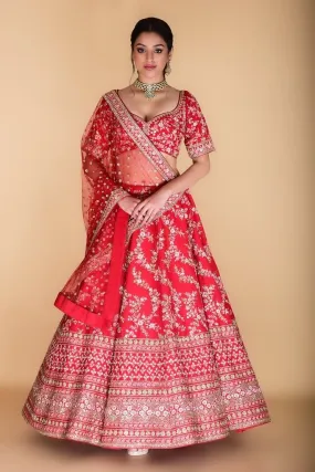 Vermilion Red Embroidered Lehenga Set.