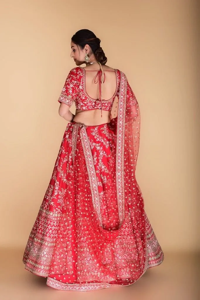 Vermilion Red Embroidered Lehenga Set.