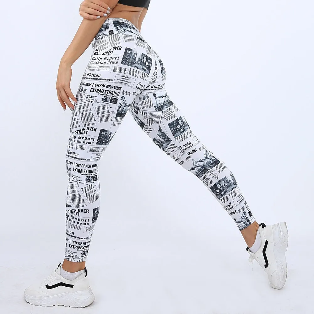 Womens Workout Leggings Newspaper Print Women Active Yoga Pants Push Up Leggings